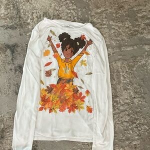 White Long Sleeve Top with Autumn Leaves Graphic